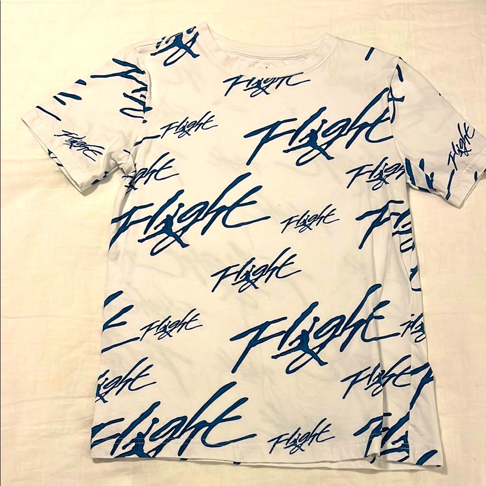 Jordan Kids White Tee with Blue Script Design, boys Large.